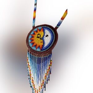 Colorful Huichol Beaded Sun and Moon Necklace